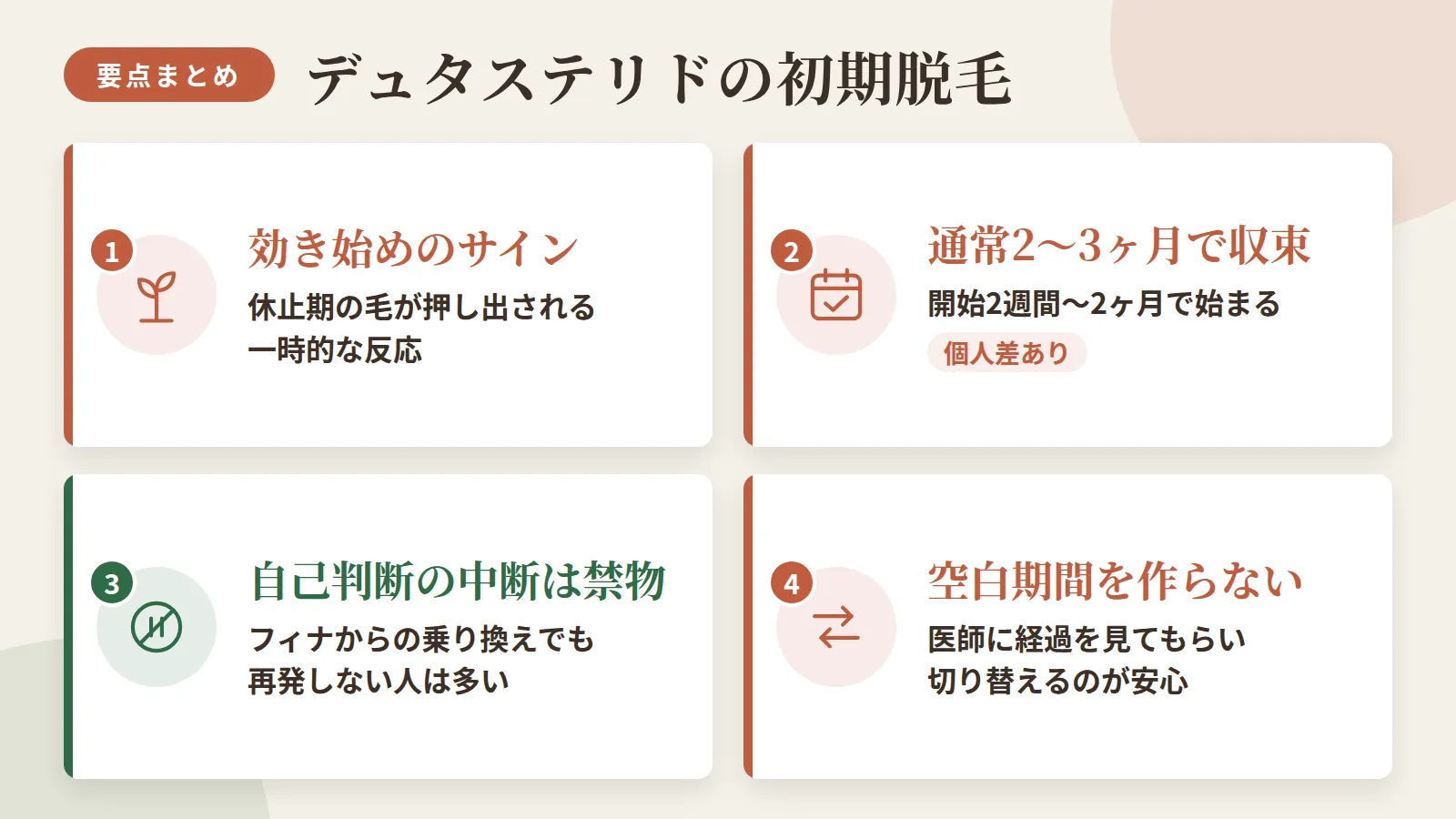 記事の要約: 初期脱毛は休止期の毛が押し出される一時的反応で、効き始めのサイン / 開始2週間〜2ヶ月で始まり、通常2〜3ヶ月で収束(個人差あり) / フィナからの乗り換えでも再発しない人は多く、自己判断の中断は禁物 / 空白期間を作らず医師に経過を見てもらいながら切り替えるのが安心