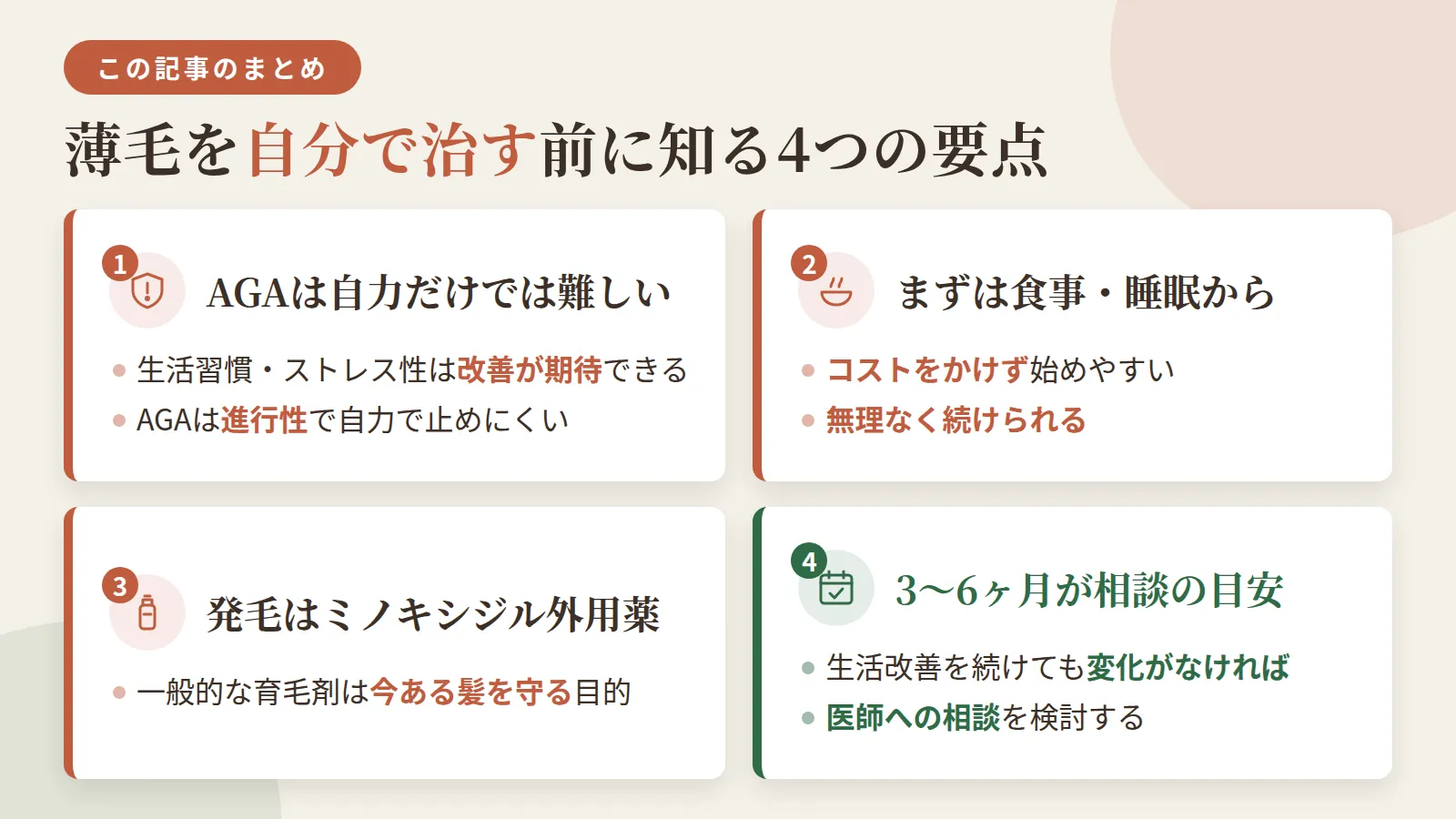 記事の要約: 生活習慣・ストレス性の薄毛は自力改善が期待できるが、AGAは進行性で自力だけで止めるのは難しい / 食事・睡眠から整えるとコストをかけず始めやすく、無理なく続けられる / 発毛を促すのはミノキシジル外用薬で、一般的な育毛剤は今ある髪を守る目的にとどまる / 生活改善を3〜6ヶ月続けても変化がなければ、医師への相談を検討する目安になる