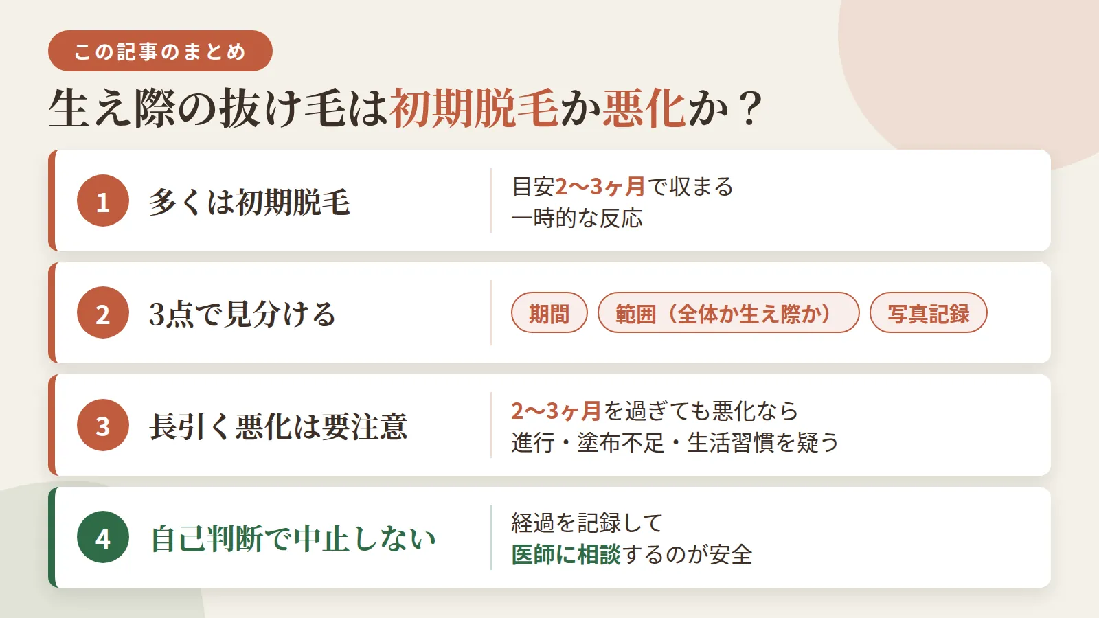記事の要約: 生え際の抜け毛は多くが初期脱毛で、目安2〜3ヶ月で収まる一時的な反応 / 期間・抜け方の範囲(全体か生え際だけか)・写真記録の3点で見分けられる / 2〜3ヶ月を過ぎても悪化が続くなら、進行・塗布不足・生活習慣のいずれかを疑う / 不安でも自己判断で中止せず、経過を記録して医師に相談するのが安全