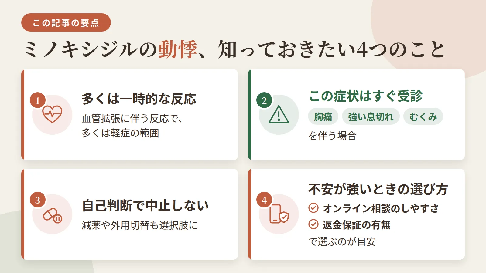 記事の要約: 動悸は血管拡張に伴う一時的な反応で、多くは軽症の範囲 / 胸痛・強い息切れ・むくみを伴う場合はすぐ受診が必要 / 自己判断の中止は避け、減薬や外用切替も選択肢に / 動悸の不安が強いなら、オンライン相談のしやすさと返金保証の有無で選ぶのが目安