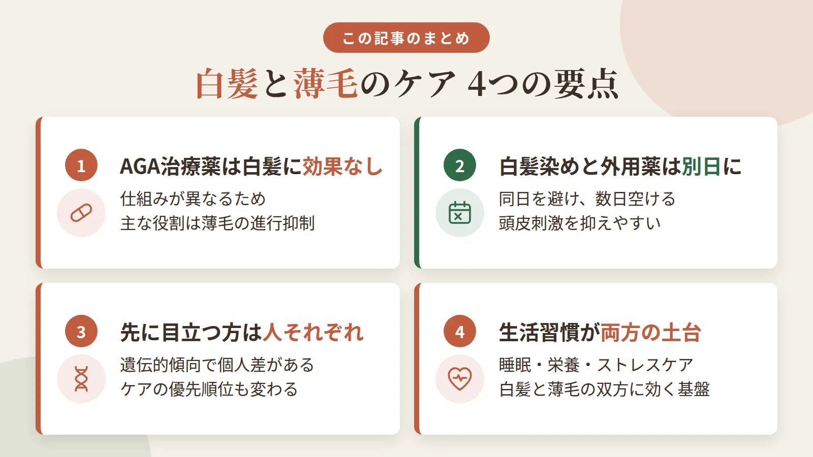 記事の要約: AGA治療薬は仕組みが異なるため白髪には効果なし、薄毛進行抑制が主な役割 / 白髪染めと外用薬は同日を避け数日空けて使うと頭皮刺激を抑えやすい / 白髪・薄毛どちらが先に目立つかは遺伝的傾向で個人差があり優先順位も変わる / 睡眠・栄養・ストレスケアが白髪と薄毛双方の土台になる
