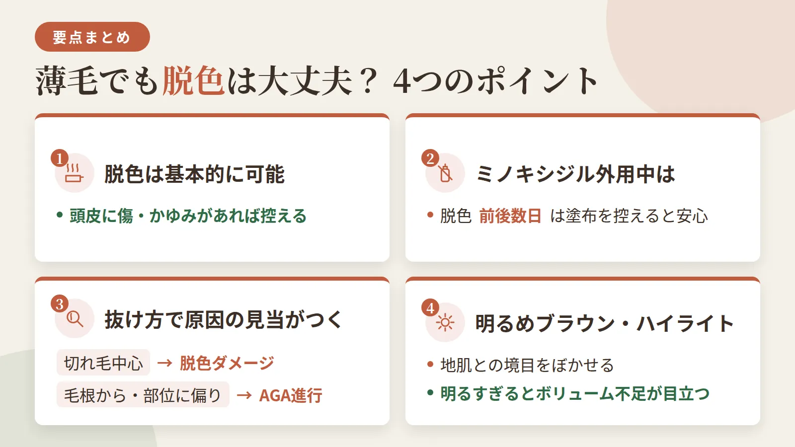 記事の要約: 脱色自体は基本的に可能、頭皮に傷やかゆみがあるときは施術を控えるのが目安 / ミノキシジル外用中は脱色前後数日を目安に塗布を控えると安心 / 抜け毛が切れ毛中心か毛根から抜けて部位に偏りがあるかで、脱色ダメージかAGA進行かの見当がつく / 明るめのブラウンやハイライトは地肌との境目をぼかせるが、明るすぎるとボリューム不足が目立つ