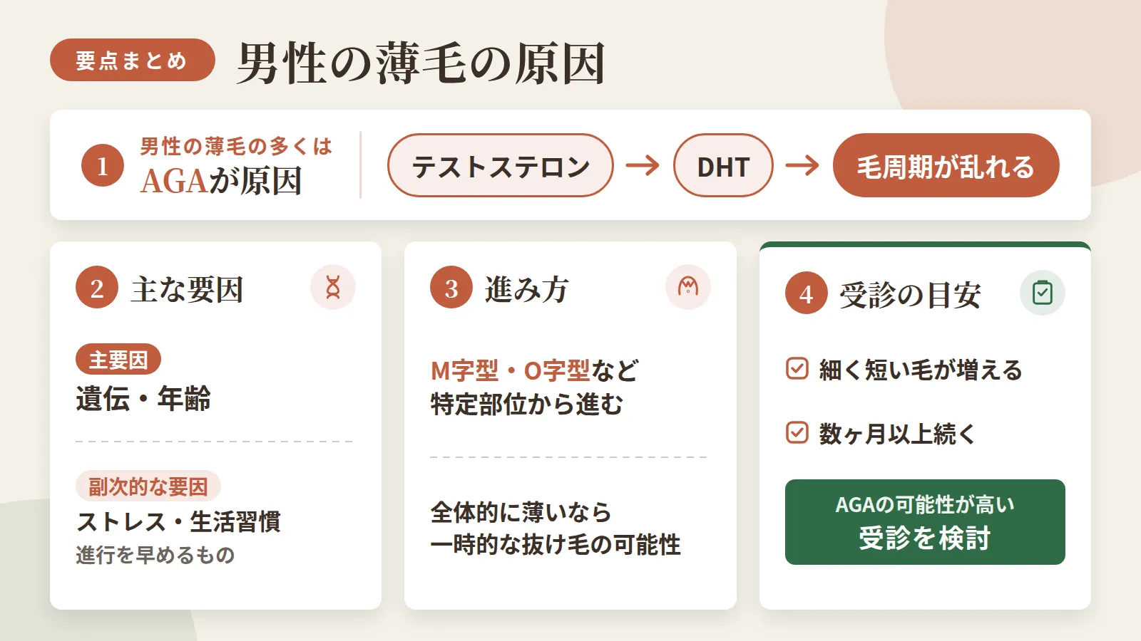 記事の要約: 男性の薄毛の多くはAGA。テストステロンがDHTに変わり毛周期を乱すのが根本原因 / 遺伝と年齢が主要因で、ストレス・生活習慣はあくまで進行を早める副次的な要因 / M字型・O字型など特定部位から進むのがAGAの特徴で、全体的に薄くなるなら一時的な抜け毛の可能性もある / 細く短い毛が増え数ヶ月以上続く場合はAGAの可能性が高く、受診を検討する目安になる