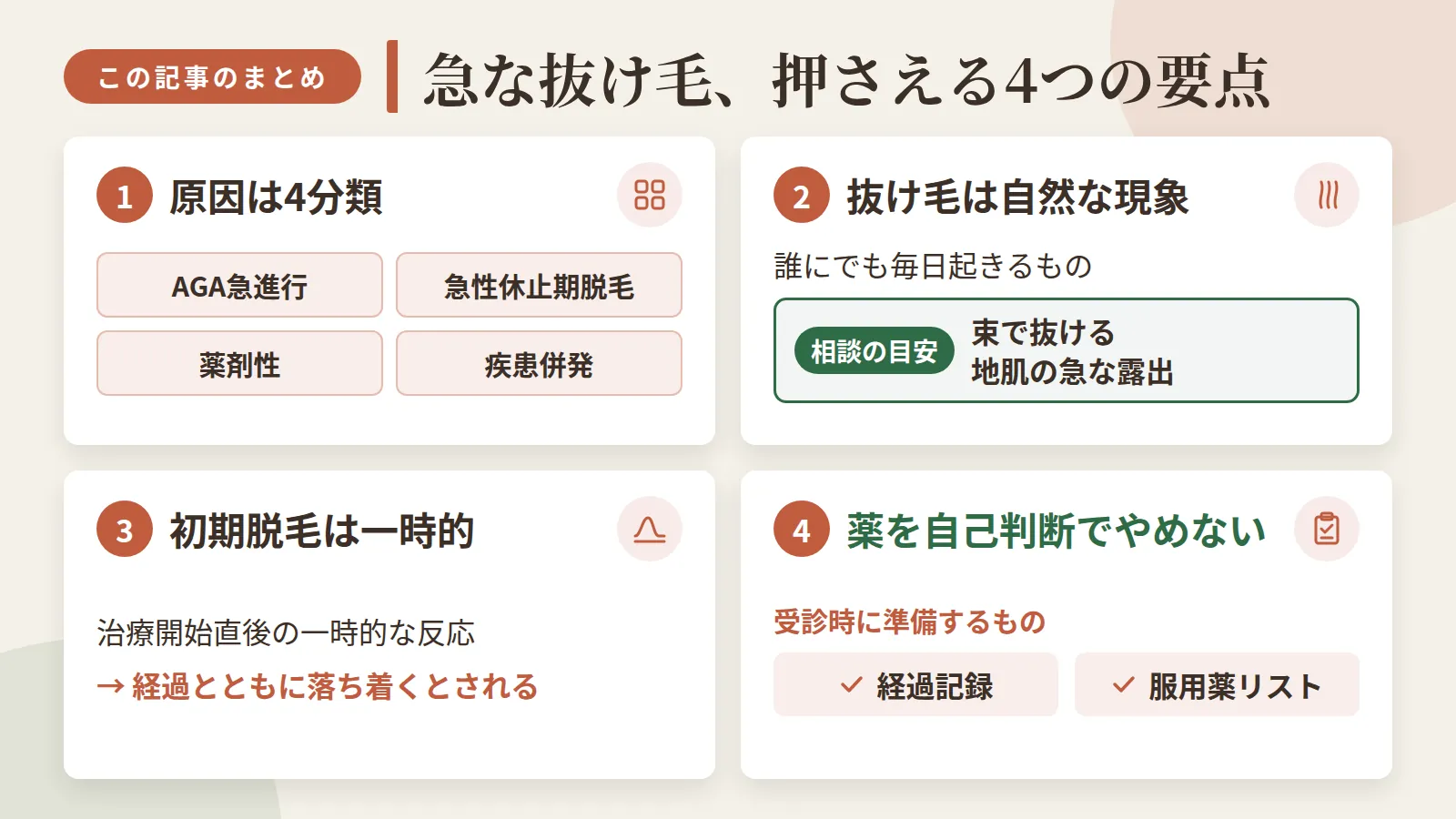 記事の要約: 急な抜け毛の原因はAGA急進行・急性休止期脱毛・薬剤性・疾患併発の4分類 / 抜け毛は誰にでも毎日起きる自然な現象、束で抜ける・地肌の急な露出は相談の目安 / 治療開始直後の初期脱毛は一時的な反応で、経過とともに落ち着いていくとされる / 自己判断で薬をやめず、経過記録と服用薬リストを準備して受診