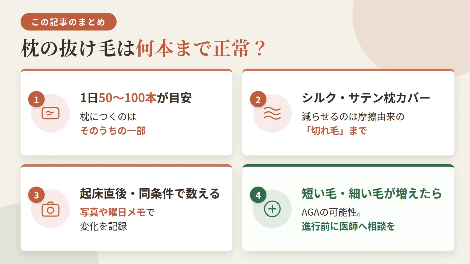 記事の要約: 1日の抜け毛は50〜100本、枕につくのはそのうちの一部が目安 / シルク・サテンの枕カバーで減らせるのは摩擦由来の「切れ毛」まで / 観察は起床直後・同じ条件で数え、写真や曜日メモで変化を記録 / 短い毛・細い毛が増えたらAGAの可能性、進行前に医師へ相談を