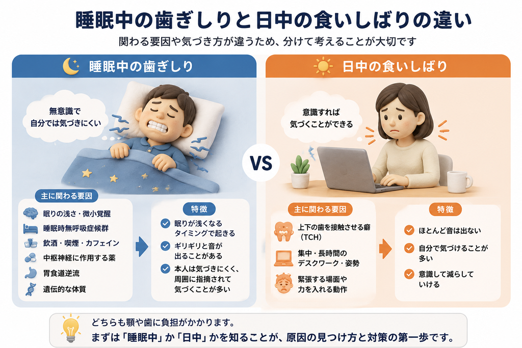 睡眠中の歯ぎしりと日中の食いしばりの違いを、起こる場面や気づきやすさ、関係する要因などで比較した図解です。