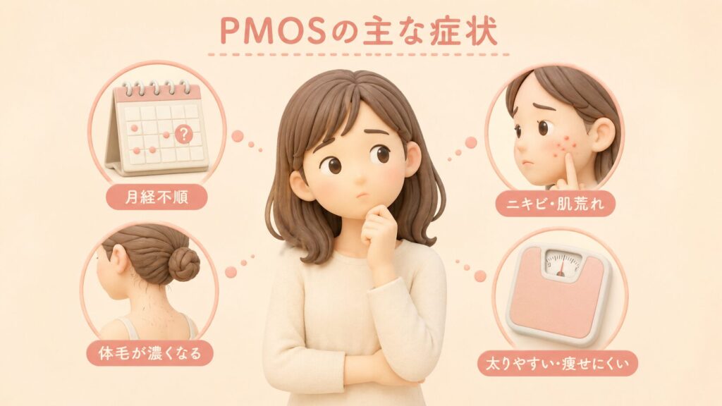 PMOS(PCOS)の代表的な症状を示すイラスト。月経不順、ニキビ・肌荒れ、体毛が濃くなる・抜け毛、太りやすく痩せにくいといった症状を、中央の女性と4つのアイコンでわかりやすく表現している。