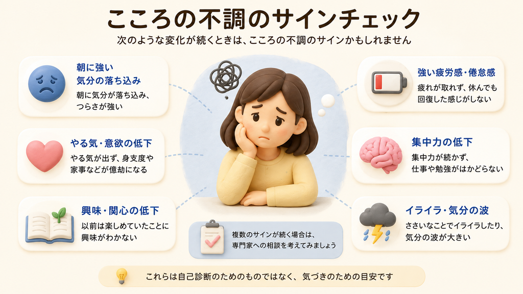 朝起きられない状態に重なりやすい、気分の落ち込みや意欲低下、強い疲労感、集中力低下、興味の低下などのサインを示した医療イラストです。