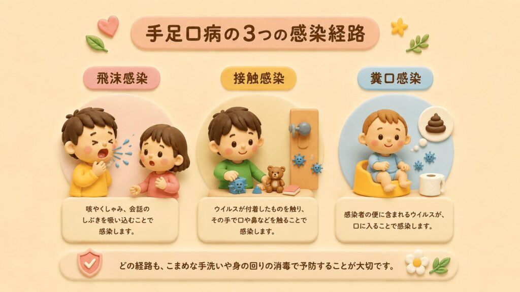 手足口病の感染経路の説明イラスト