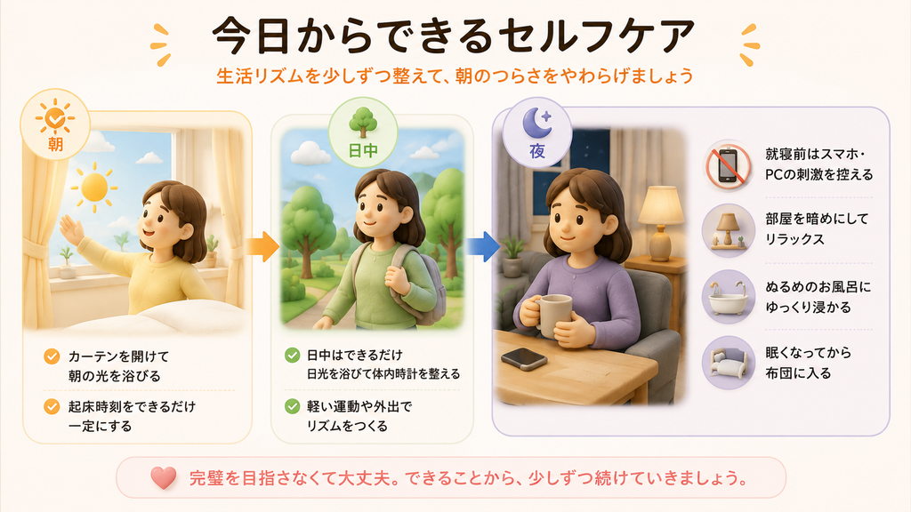 朝の光を浴びる、起床時刻を整える、日中に体を動かす、就寝前のスマホを控えるなど、朝起きられないときにできるセルフケアを示したイラストです。