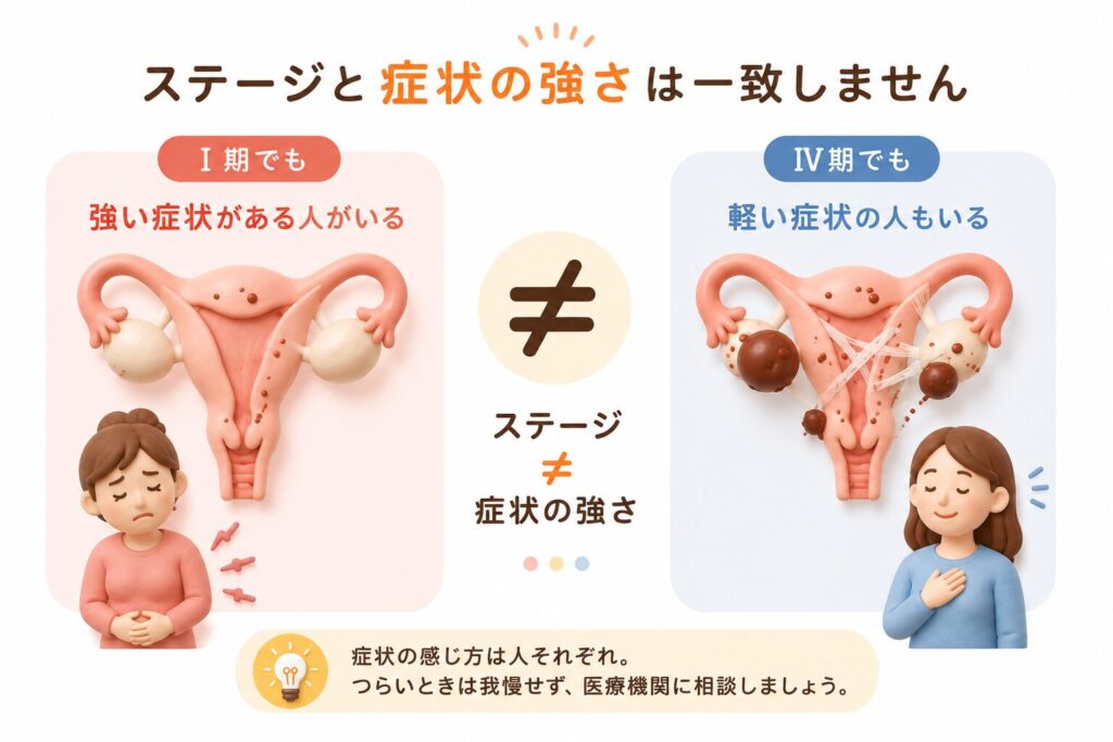 子宮内膜症はステージが低くても強い痛みが出ることがあり、反対にステージが高くても症状が軽い場合があることを、左右の比較イラストでわかりやすく伝え、ステージと症状の強さは一致しないことを説明したインフォグラフィックです。