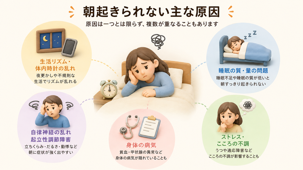 朝起きられない主な原因を、生活リズムや睡眠の問題、自律神経、身体の病気、ストレス・こころの不調に分けて示した医療イラストです。