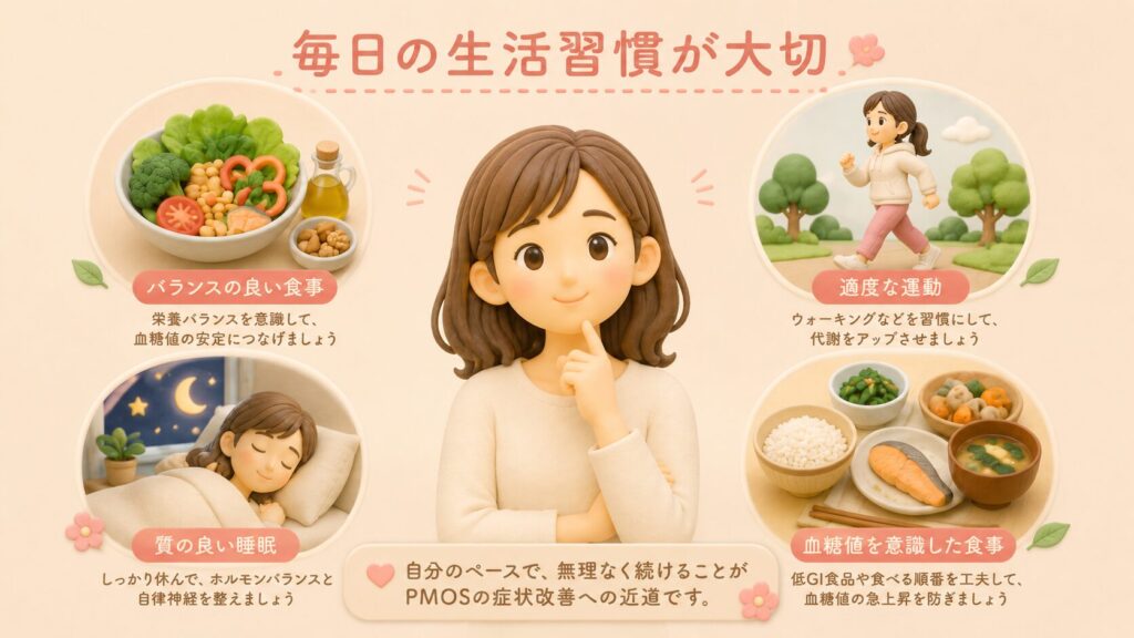 PMOS(PCOS)の改善に役立つ生活習慣を示すイラスト。中央の女性を囲むように、バランスの良い食事、適度な運動、質の良い睡眠、血糖値を意識した食生活の4つのセルフケアを、やさしいアイコンでわかりやすく表現している。