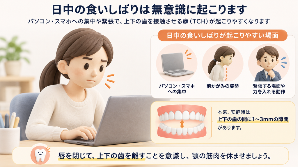 日中の食いしばり（TCH）がパソコンやスマホへの集中、前かがみの姿勢、緊張などで起こりやすく、上下の歯を離して顎を休ませることが大切だと示した図解です。